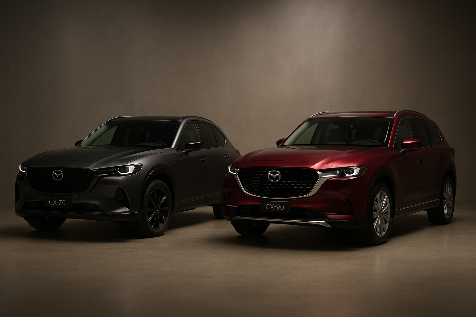 Side-by-side view of Mazda CX-70 and CX-90 SUVs, showing sporty two-row vs. larger three-row design.