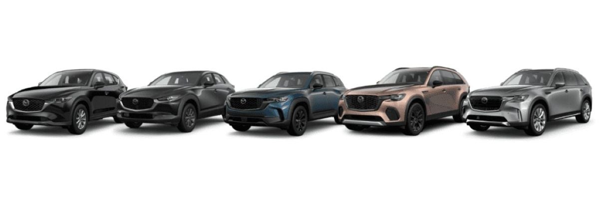 "Lineup of Mazda SUVs including the CX-5, CX-30, CX-50, CX-70, and CX-90 models in various colors available at Route 9 Mazda.